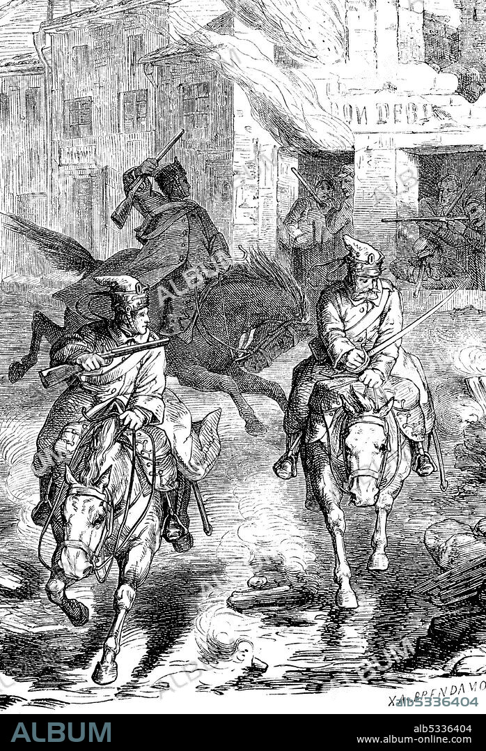 Hussars and franctireurs, franctireur, French freeshooters, German-French war 1870-1871, Rimogue, France  /  Husaren und Francs-tireurs, Franktireur, französische Freischützen, Deutsch-Französischer Krieg 1870-1871, Rimogue, Frankreich, Historisch, historical, digital improved reproduction of an original from the 19th century / digitale Reproduktion einer Originalvorlage aus dem 19. Jahrhundert.