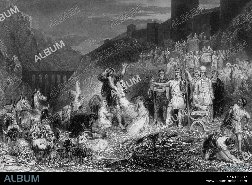 R STAINES. 'The destruction of Achan and his children in the valley of Achor', 19th century. Biblical scene, from Joshua 7: 24: 'And Joshua, and all Israel with him, took Achan the son of Zerah, and the silver, and the garment, and the wedge of gold, and his sons, and his daughters, and his oxen, and his asses, and his sheep, and his tent, and all that he had: and they brought them unto the valley of Achor. "Why have you brought this trouble upon us?" said Joshua. "Today the LORD will bring trouble upon you!" And all Israel stoned him to death. Then they stoned the others and burned their bodies.' Achan had stolen gold and silver from Jericho, and so he, as well as his sheep, other livestock and his children were all killed by stoning. Engraving.