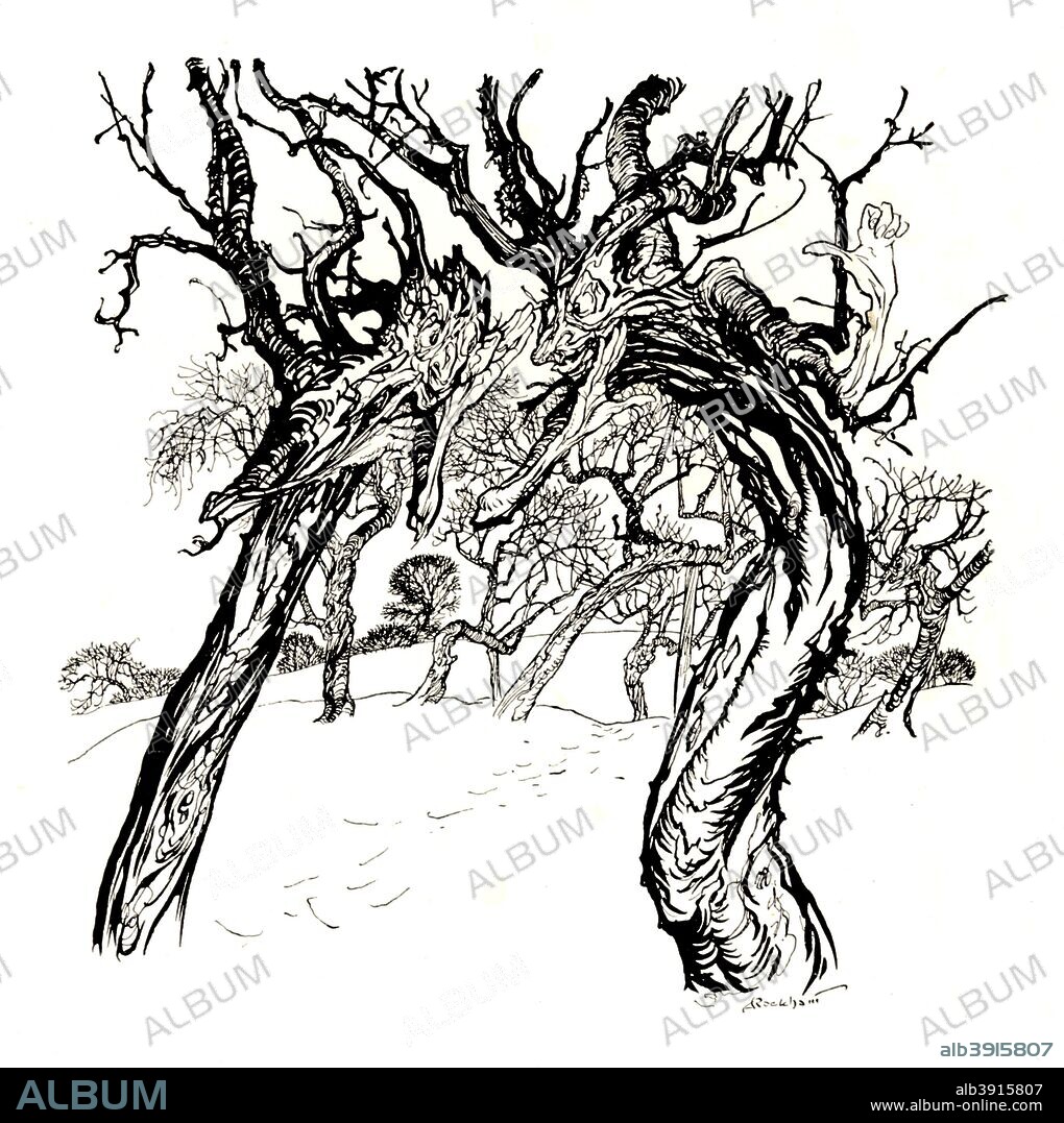 'Whispering Trees, From 'A Dish of Apples' 1917, (1923). A collection of poems written by Eden Phillpotts (1862-1960) is written on a theme of nature and harvest, with the greater part of the collection being poems in homage to varieties of orchard fruits. From British Book Illustration - Yesterday and To-day edited by Geoffrey Holme. [The Studio, Ltd., London, 1923].