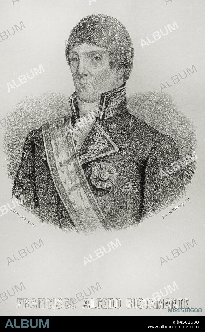 Francisco Alcedo y Bustamante (1758-1805). Capitán de navío de la Real Armada, de origen cántabro. Participó en la Batalla de Trafalgar al mando del navío Montañés, donde encontró la muerte. Dibujo por Llanta. Litografía. Crónica General de España, Historia Ilustrada y Descriptiva de sus Provincias. Castilla-La Vieja,1870. Biblioteca Histórico Militar de Barcelona, Cataluña, España.