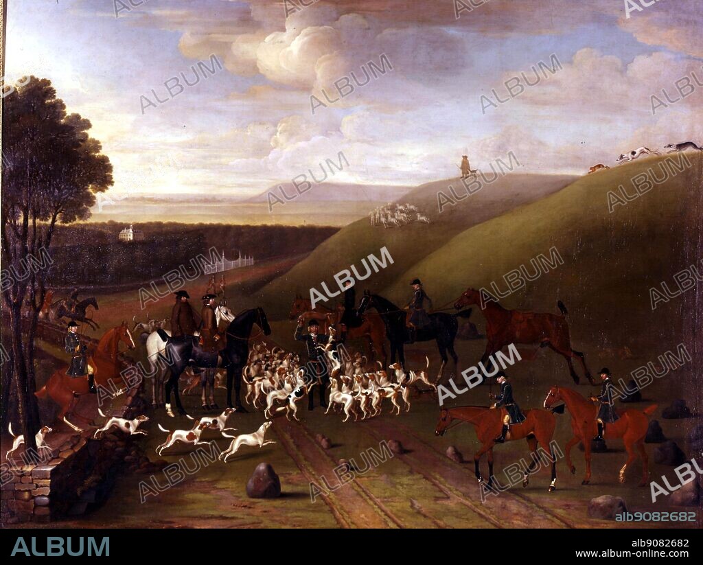 A Kill at Ashdown Park by James Seymour, c. (1702-1752) in 1743. The History of Foxhunting by Roger Longrigg, page 65. The setting for this lively hunting scene was the Berkshire estate of Fulwar, 4th Baron Craven, who is shown in profile on a dark grey hunter to the left. His hunting-lodge, Ashdown House, appears in the distance. Seymour's subject-matter was limited entirely to sporting scenes. He painted in a rather naive manner, using an unsophisticated form of perspective and with the figures and animals arranged in stiff poses. His interests lay rather in the decorative patterns in the composition. This is particularly apparent in the contrived grouping of hounds surrounding the huntsman holding up the dead fox.