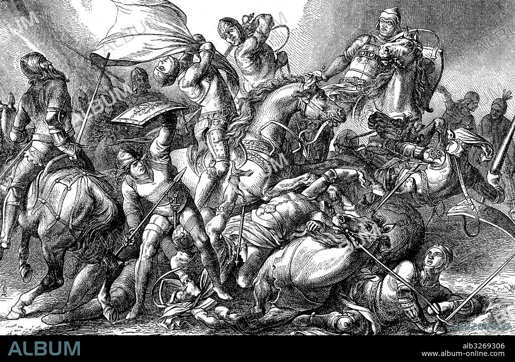 Italia. Guerra entre los Güelfos y Gibelinos. Muerte de Manfredo de Suabia (1232-1266), rey de Sicilia, en la batalla de Benevento contra el ejército francés de Carlos de Anjou. Grabado de 1885.
