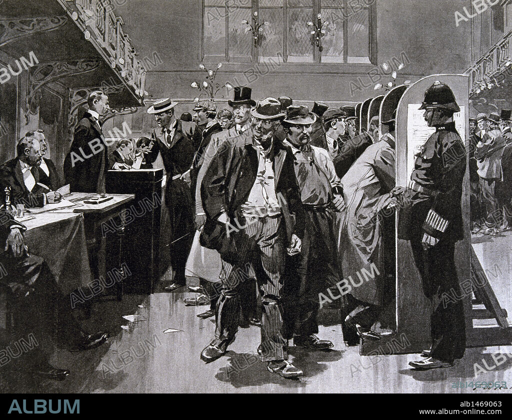 HISTORIA DE INGLATERRA. SIGLO XIX. LONDRES. LAS ELECCIONES INGLESAS. PERSONAS VOTANDO EN EL AYUNTAMIENTO DE WESTMINSTER. Grabado de la época.