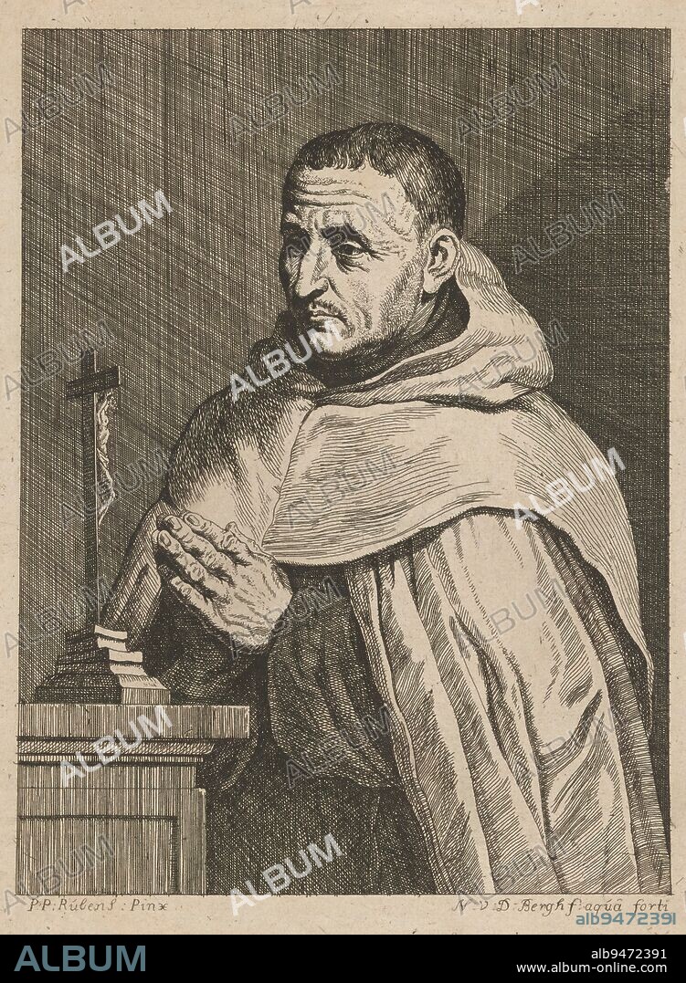 Portrait of a Carmelite (title on object), Portrait of a Carmelite, praying before a crucifix., print maker: Nicolas van den Bergh, (mentioned on object), after painting by: Peter Paul Rubens, (mentioned on object), publisher: Johann Sadeler (I), (mentioned on object), print maker: Antwerp, after painting by: Southern Netherlands, publisher: Southern Netherlands, c. 1770 - c. 1780, paper, etching, height 291 mm × width 215 mm.