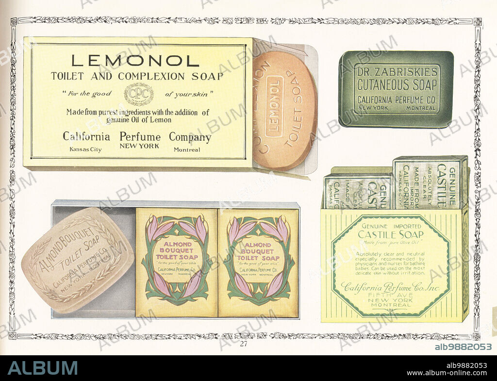 CPC brand soaps, 1927. Lemonol toilet and complexion soap, Almond Bouquet toilet soap, Dr. Zabriskie's cutaneous soap and Castile soap. Chromolithograph by an unknown artist from the California Perfume Company (later Avon) product catalog, New York, Kansas, Montreal, 1927.