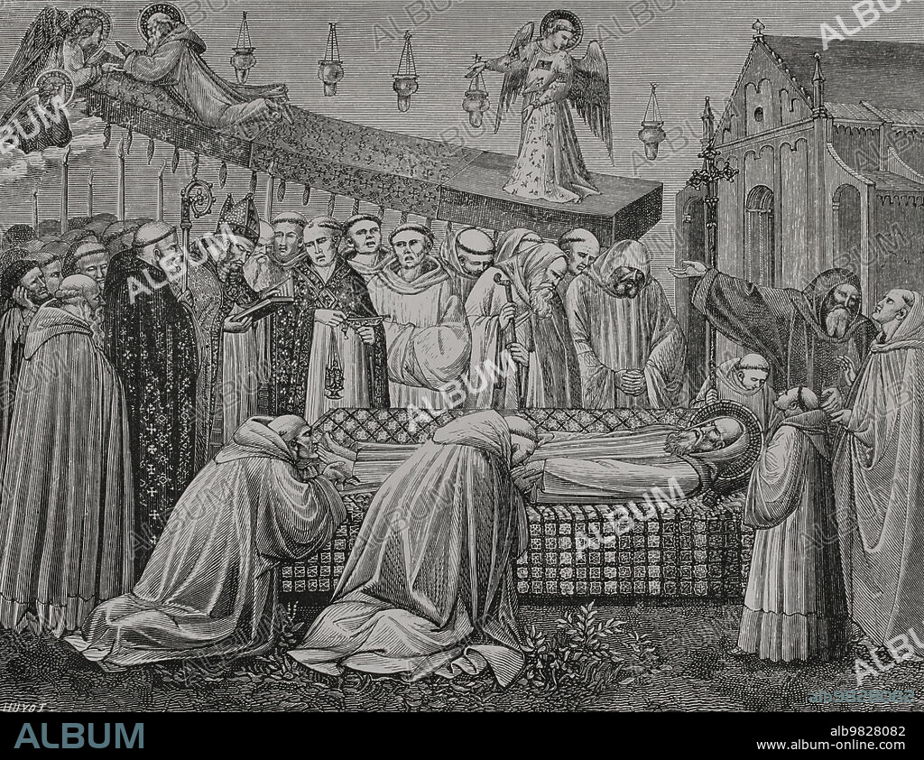 Benedict of Nursia (480-547). Italian Christian monk. Founder of the Benedictine Order. Benedict died surrounded by his disciples on 21 March 547, in the abbey of Montecasino. Funeral of Saint Benedict. Engraving by Huyot after a fresco by Spinello Aretino in the church of San Miniato al Monte, Florence, Italy, 1388. "Vie Militaire et Religieuse au Moyen Age et à l'Epoque de la Renaissance". Paris, 1877.