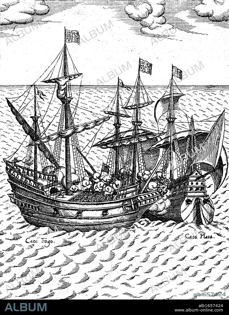 The capture of the Cacafuego, the Spanish treasure-ship, by Sir Francis Drake 1579 in the vicinity of Esmeraldas, Ecuador. Laden with the treasure from ''Cagafuego'', Golden Hind sailed towards Plymouth, which he reached on September 26, 1580.