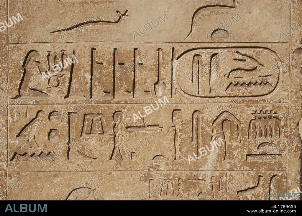 ESCRITURA JEROGLIFICA del Antiguo Egipto. Período del IMPERIO ANTIGUO. Necrópolis de Sakkara. Egipto. Jerogíficos inscritos en altorrelieve.