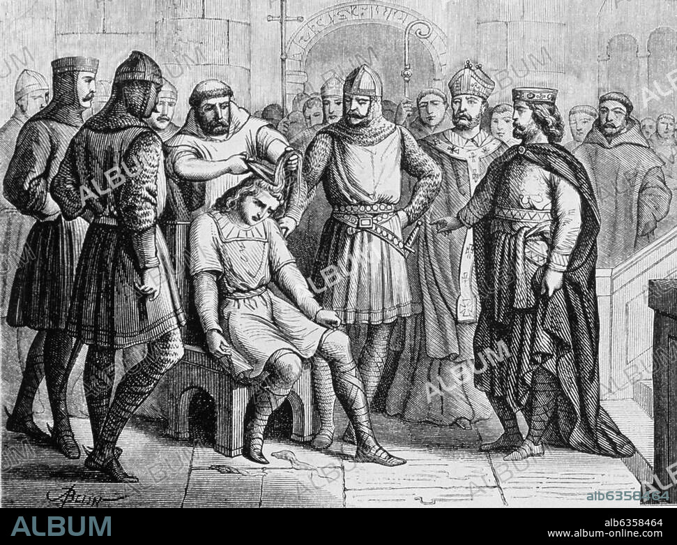 Childéric III ; dernier roi mérovingien. 743/51 ; mort à Sithiu, Flandre 755. Childeric III déposé par Pépin le Bref et l'assemblée des Leudes ; ses cheveux, symbole de souveraineté, sont coupés, 751. Gravure sur bois, 1875.
