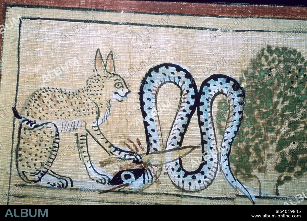 An image of the cat of Ra killing Apophis the snake of evil, from the papyrus of Hunefer, from the British Museum's collection.