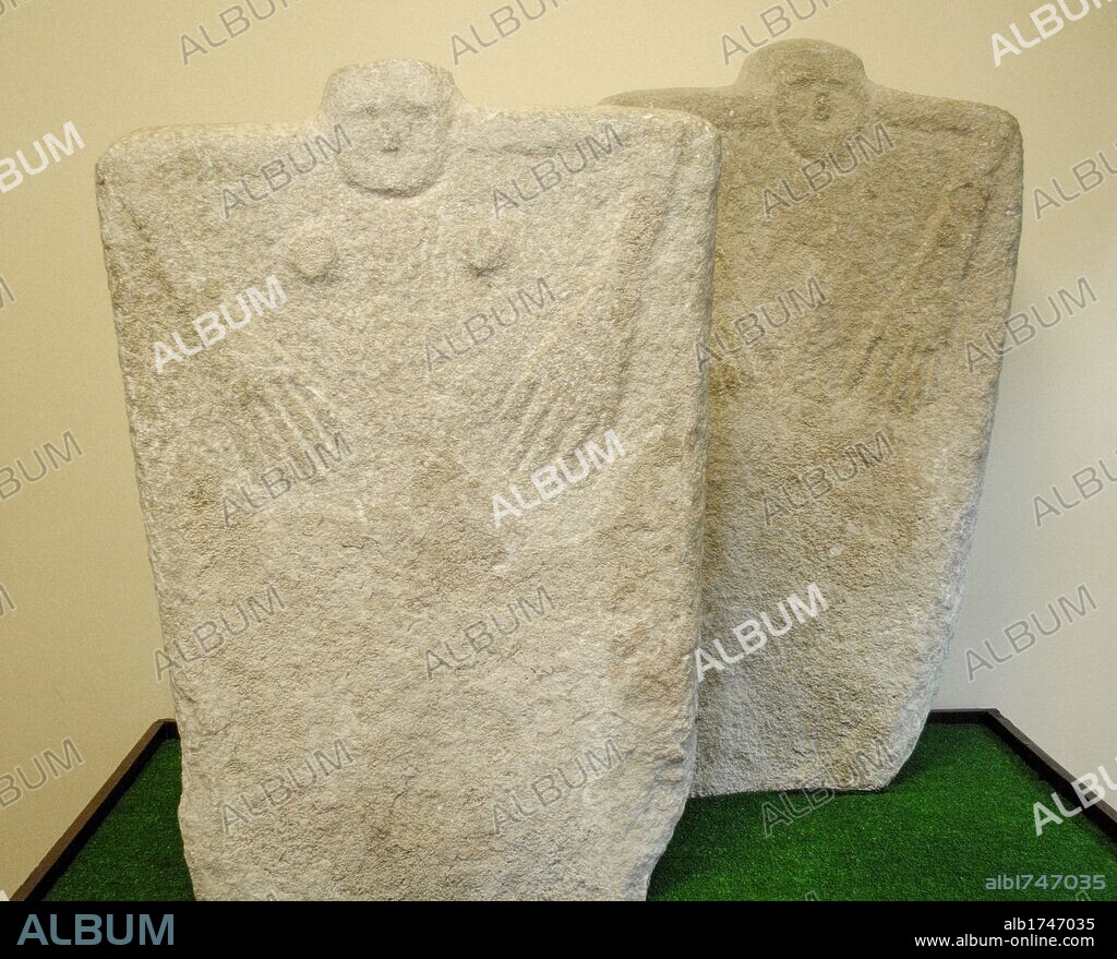Anthropomorphic stone stelae or statue menhirs, located in Yamna secondary graves. Yamna Culture. Late Copper Age - Early Bronze Age. 36th-23rd centuries BC. Kerch Historical and Archaeological Museum. Autonomous Republic of Crimea. Ukraine.