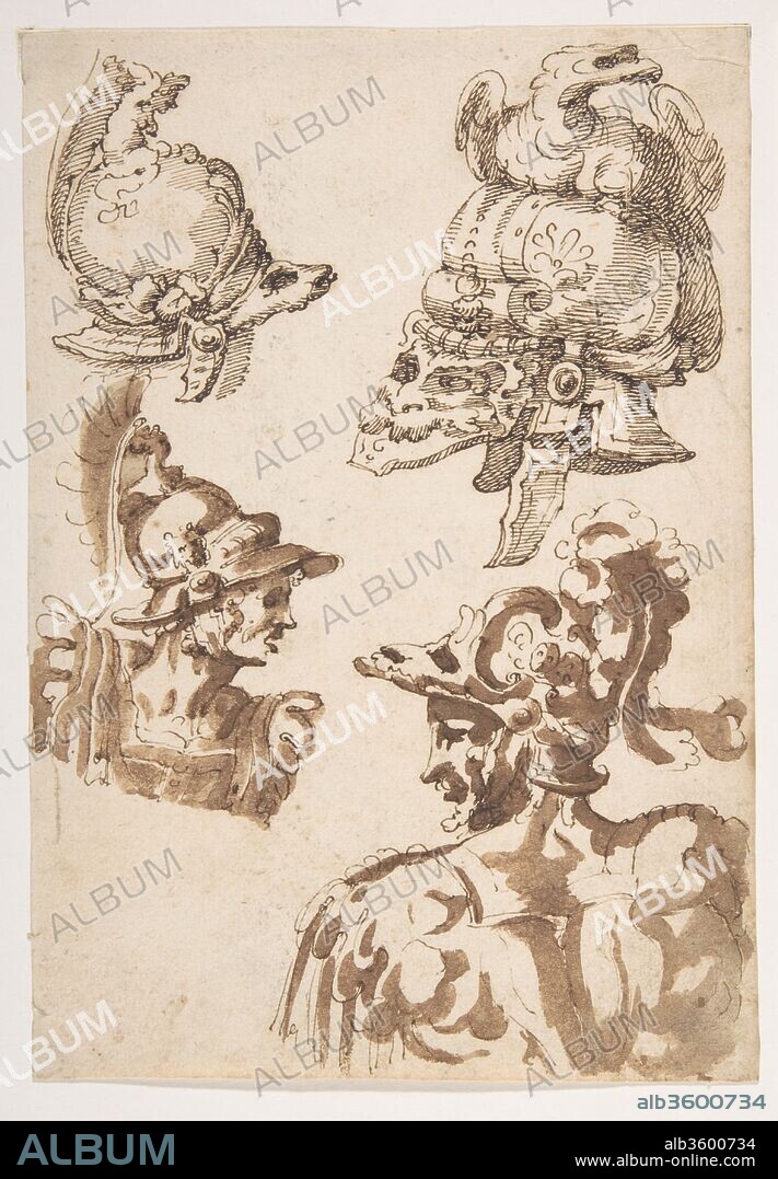 Studies of Two Helmets and of Two Soldiers Wearing Helmets. Artist: Marco Marchetti (Marco da Faenza) (Italian, Faenza before 1528-1588 Faenza). Dimensions: 7 13/16 x 5 3/8in. (19.8 x 13.7cm). Date: 1553-88.