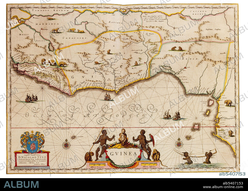 The countries of Benin, Guinea, and Mauritania. West Africa is the westernmost region of Africa. West Africa has been defined as including 17 countries: Benin, Burkina Faso, the island nation of Cape Verde, Gambia, Ghana, Guinea, Guinea-Bissau, Ivory Coast, Liberia, Mali, Mauritania, Niger, Nigeria, the islands of Saint Helena, Ascension and Tristan da Cunha, Senegal, Sierra Leone and Togo. Joan Blaeu (1596-1673) was a Dutch cartographer, the son of cartographer Willem Blaeu. In 1635 they published the Atlas Novus (full title: Theatrum orbis terrarum, sive, Atlas novus) in two volumes. The Atlas Maior is the final version of Joan Blaeu's atlas, published in Amsterdam between 1662 and 1672, in Latin, French, Dutch, German and Spanish, containing 594 maps and around 3,000 pages of text. The Blaeu maps emphasized fine art and colours, being the most expensive of the time.
