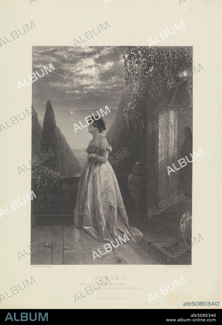Come Gentle Night: 'Romeo and Juliet,' Act III, Scene II, Print made by James H. Baker, born 1829, after Alfred Joseph Woolmer, 18051892, British, between 1839 and 1849, Stipple engraving, line engraving, and etching on moderately thick, slightly textured, cream wove paper, Sheet: 11 1/8 x 8 3/8 inches (28.2 x 21.2 cm), Plate: 10 1/16 x 7 1/2 inches (25.5 x 19 cm), and Image: 7 11/16 x 5 11/16 inches (19.5 x 14.5 cm), arch, balcony, balustrade, blocks, bracelet, clouds, door, dress, figure, flowers (plants), garden, hat, lantern, light, literary theme, moon, night, plays by William Shakespeare, railing, Romeo and Juliet, Act III, Scene II, Romeo and Juliet, play by William Shakespeare, sky, steps, theater, trees, vases, vines, woman.