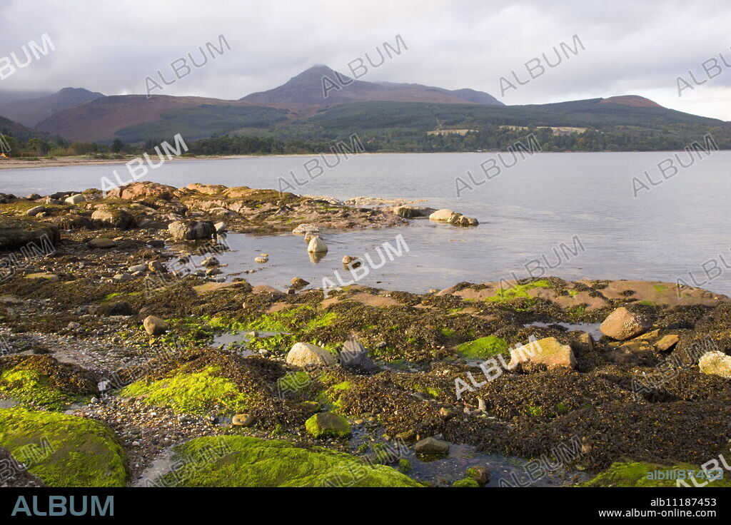 View across Brodick Bay to Goatfell, Brodick, Isle of Arran, North Ayrshire, Scotland, United Kingdom, Europe.