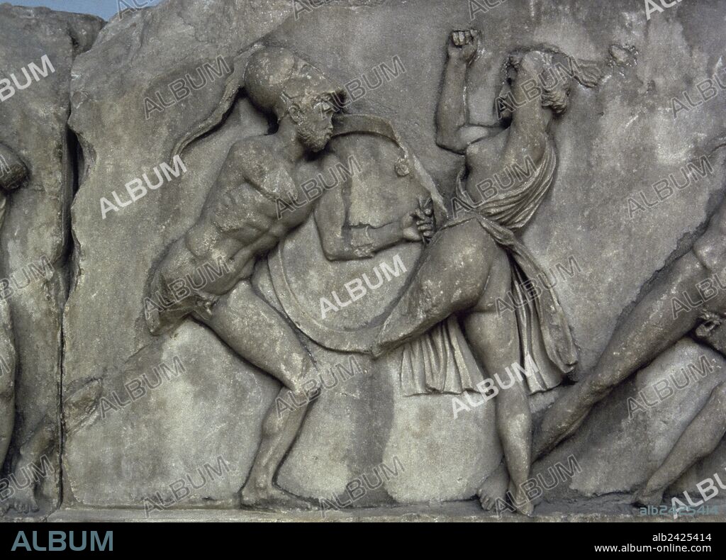 SCOPAS (attributed). Mausoleum at Halicarnassus. 353-350 BC. Turkey. Tomb of Mausolus, Satrap in the Persian Empire and Artemisia II of Caria. Classical. Bas-reliefs by Scopas. Combat with the Amazons. British Museum. London.