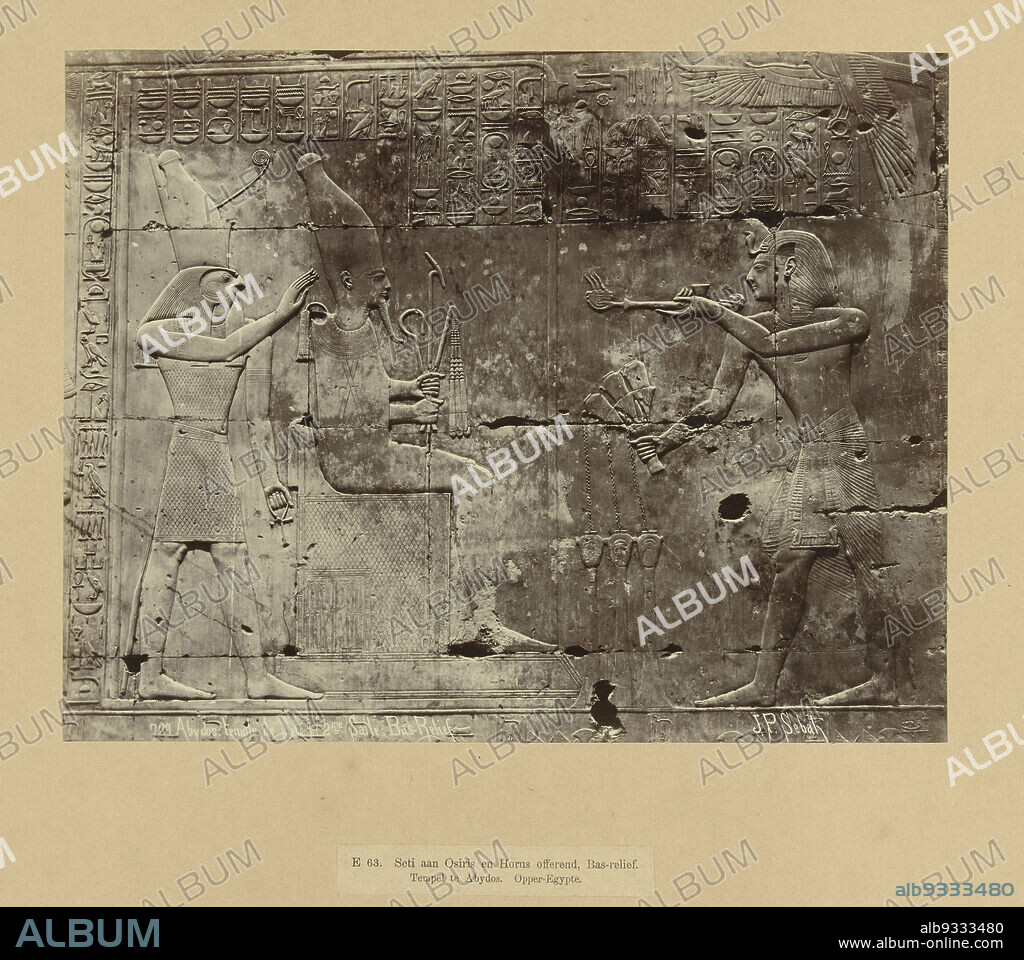 Tableau with Osiris and Horus composed of several parts.E 63. Seti offering to Osiris and Horus, Bas relief. Temple at Abydos. Upper Egypt. (title on object), Egypt (series title)729 Abydos; temple de Seti I 2me salle Bas-Relief (title on object), The photograph is part of the series of photographs from Egypt collected by Richard Polak., Pascal Sébah (mentioned on object), Egypte, c. 1888 - c. 1898, photographic support, paper, albumen print, height 197 mm × width 260 mmheight 467 mm × width 557 mm.