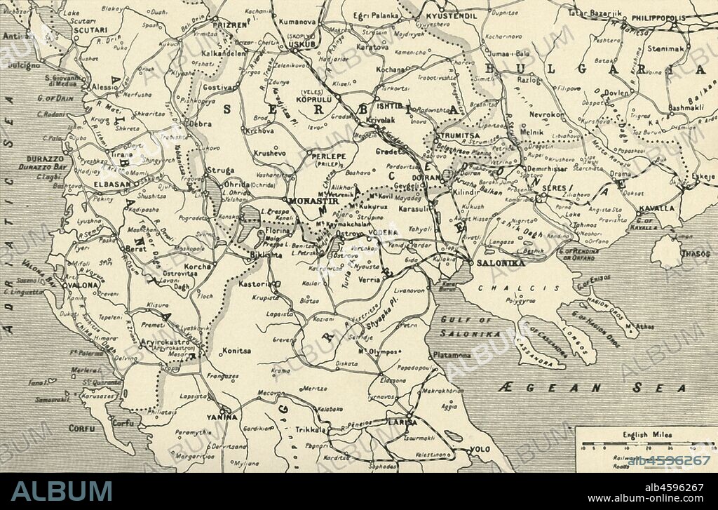 'General Map of the Balkan Operations in the Autumn of 1916', 1917. The Balkans campaign was fought between the Central Powers and the Allies, hostility between Serbia and Austria-Hungary was the prime cause of World War I. From "The War Illustrated Album De Luxe - Volume VII. The Autumn Campaign of 1916", edited by J. A. Hammerton. [The Amalgamated Press, Limited, London, 1917].