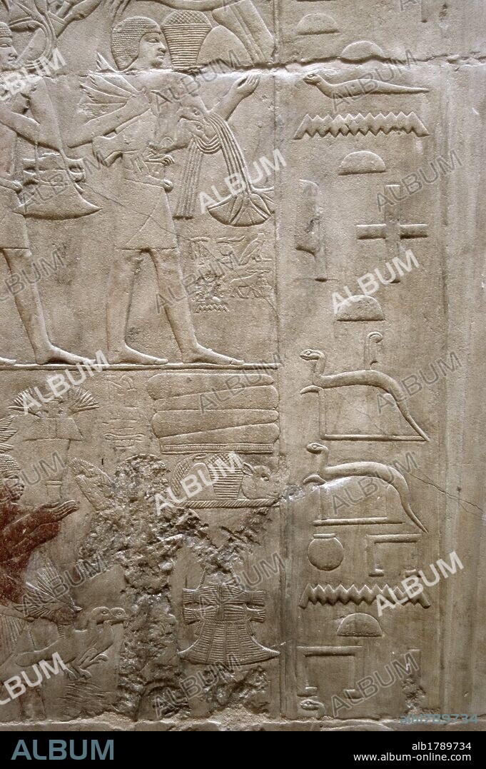 ARTE EGIPCIO. EGIPTO. MASTABA DE KAGEMNI o MENI. Tumba de un alto funcionario de la VI DINASTIA. IMPERIO ANTIGUO. Su interior se encuentra decorado con relieves menfitas. Detalle relieve con signos jeroglíficos. NECROPOLIS DE SAKKARA.