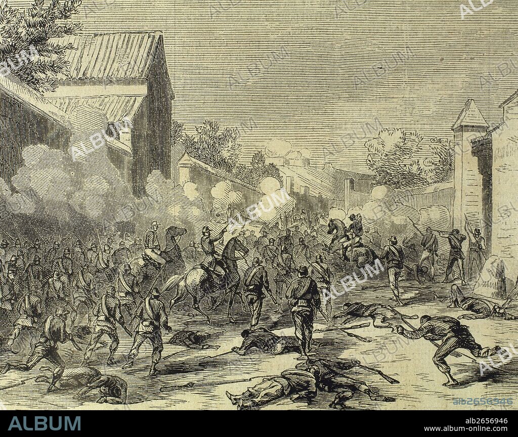 Italian unification (1859-1924). The Expedition of the Thousand. Conquest of Sicily. The Battle of Milazzo (1860) between Giuseppe Garibaldi's volunteers (Red shirts) and Hungarian veterans and the troops of the Kingdom of the Two Sicilies, ruled by the Bourbons."L'Illustration" (1860). Engraving.
