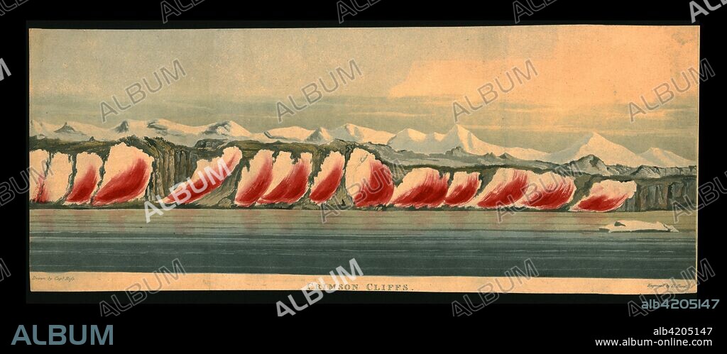 'Crimson Cliffs', 1819. 'A View of the Coloured Snow in Lat. 76. 25N. & Long. 65. W.' Unusually coloured landscape in the North Atlantic. From A Voyage of Discovery, made under the Orders of the Admiralty, in His Majesty's Ships Isabella and Alexander, for the purpose of exploring Baffin's Bay, and Inquiring into the Probability of a North-West Passage by Captain John Ross, [1819].