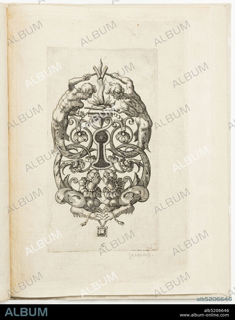 Plate 6, from Différens portraitz pour les serruriers nouvellement inventez (Newly Invented Designs for Locksmiths), Antoine Jacquard, French, active 1616 - d. ca. 1640, Engraving on laid paper, Design for an ornate keyhole escutcheon. At top, smiths with mallets and a fire; below, a pair of sphinxes holding a jeweled pendant., France, 1616, albums (bound) & books, Print, Print.