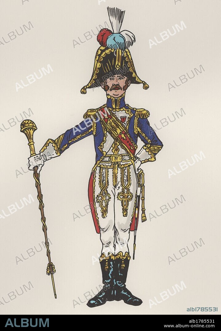 Francia. Uniformes militares. Siglo XIX. Primer Regimiento de granaderos a pié de la guardia. Tambor mayor. Año 1810. Dibujo de Joaquín Pla Dalmau.