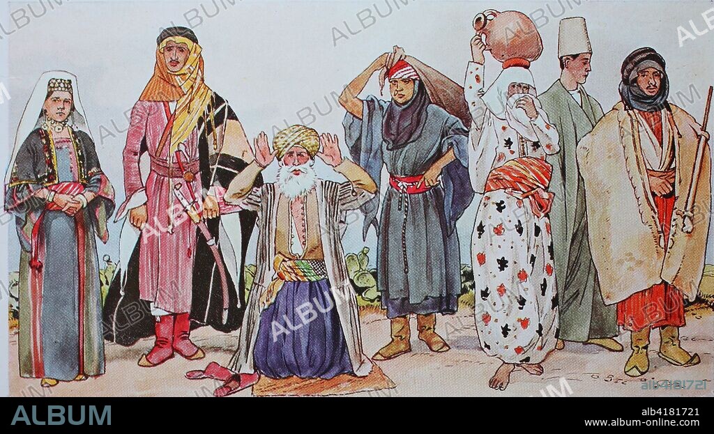 Clothing, fashion in Palestine, from the left, a woman from Bethlehem, a Bedouin sheikh from Hauran, a praying Mohammedan, Jerusalem, then a Bedouin woman from the Jerusalem area, a fellah woman from the Nazareth area, a Derwish from Damascus, and a Bedouin from Palestine, digital improved reproduction from an original from the year 1900.