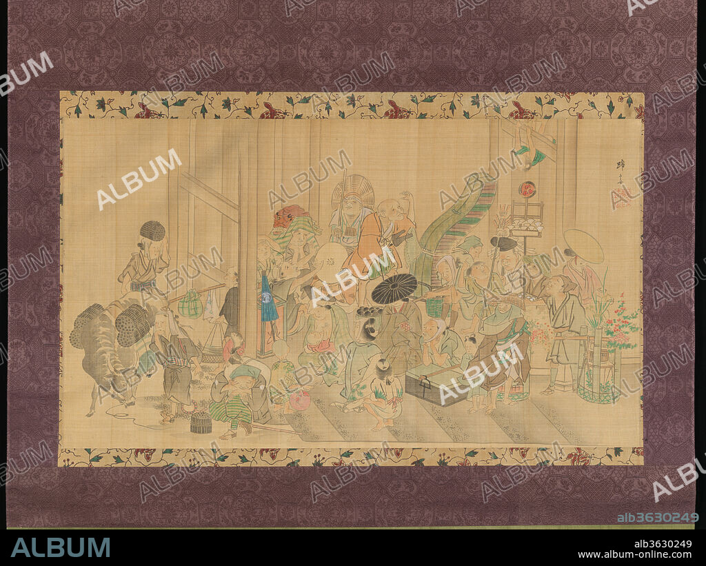 Taking Shelter from the Rain. Artist: Teisai Hokuba (Japanese, 1771-1844). Culture: Japan. Dimensions: Image: 15 1/2 × 27 5/16 in. (39.4 × 69.3 cm)
Overall with mounting: 51 15/16 × 32 5/16 in. (132 × 82 cm)
Overall with knobs: 51 15/16 × 34 3/4 in. (132 × 88.3 cm). Date: early to mid-19th century.
Travelers caught in a sudden downpour take shelter under the eaves of a gate at a large estate. Men and women from different walks of life--a flower vendor, a bookseller with a stack of books, assorted pilgrims, a lion-dance performer, and a warrior--huddle under the roof. A restless child, untroubled by the rainstorm, hangs upside down from a beam.  
This painting is based on a pictorial theme made popular by Hanabusa Itcho (1652-1724), who rendered the scene to represent the summer season in various formats (including a screen in the Burke Collection). The style here adheres neither to Hokuba's usual hypermeticulous depictions of women of the pleasure quarters nor to his landscapes inspired by Kano-school paintings, but perhaps was directly inspired by Itcho or one of his followers.