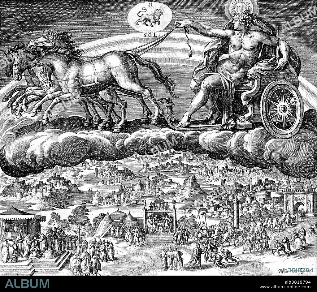 Sol in his chariot, riding across the heavens. Sol was the solar deity in Ancient Roman religion. It was long thought that Rome actually had two different, consecutive sun gods. The first, Sol Indiges, was thought to have been unimportant, disappearing altogether at an early period. Only in the late Roman Empire, scholars argued, did solar cult re-appear with the arrival in Rome of the Syrian Sol Invictus, perhaps under the influence of the Mithraic mysteries. Today, SOL is still the main word for sun in Romance languages. SOL is used in contemporary English by astronomers and many science fiction authors as the proper name of the Sun to distinguish it from other stars which may have their own planetary systems. Engraving by Jan Sadeler after Martin de Vos.