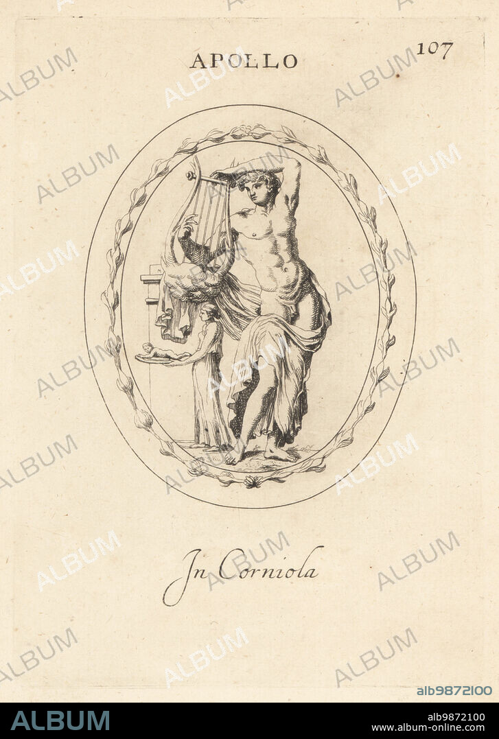Figure of Apollo, Greek god of music and prophecy, with lyre. Pythia, his priestess at Delphi, offers a baby on a patera bowl. In carnelian. Apollo. In corniola. Copperplate engraving by Giovanni Battista Galestruzzi after Leonardo Agostini from Gemmae et Sculpturae Antiquae Depicti ab Leonardo Augustino Senesi, Abraham Blooteling, Amsterdam, 1685.