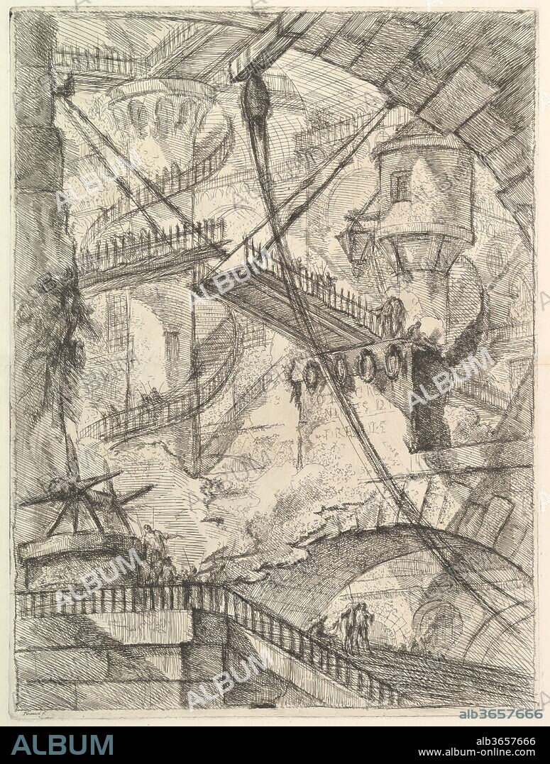 The Drawbridge, from Carceri d'invenzione (Imaginary Prisons). Artist: Giovanni Battista Piranesi (Italian, Mogliano Veneto 1720-1778 Rome). Dimensions: plate: 21 5/8 x 16 1/8 in. (54.9 x 40.9 cm)
sheet: 24 15/16 x 19 7/16 in. (63.4 x 49.3 cm). Publisher: Giovanni Bouchard (French, ca. 1716-1795). Series/Portfolio: Carceri d'invenzione. Date: ca. 1749-50.