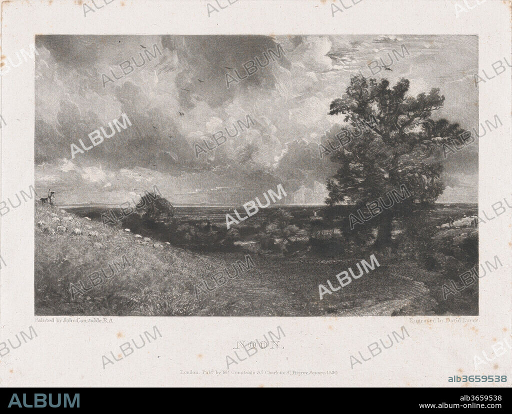 Noon. Artist: David Lucas (British, Northamptonshire 1802-1881 London); After John Constable (British, East Bergholt 1776-1837 Hampstead). Dimensions: Image: 5 1/2 × 8 5/8 in. (14 × 21.9 cm)
Plate: 7 1/2 × 9 15/16 in. (19.1 × 25.2 cm)
Sheet: 11 1/2 × 17 1/8 in. (29.2 × 43.5 cm). Date: 1830.
In 1827, Constable began work on the project that would occupy his attention until his death seven years later: the publication of a series of prints based on his paintings that would stand as a summary of his achievements. The painter collaborated closely with the engraver David Lucas to create prints that would illustrate Constable's didactic intention--to illustrate the "chiaroscuro of nature." The medium of mezzotint, in which the design is developed from dark to light using a wide range of velvety tones, was eminently suited to the project.