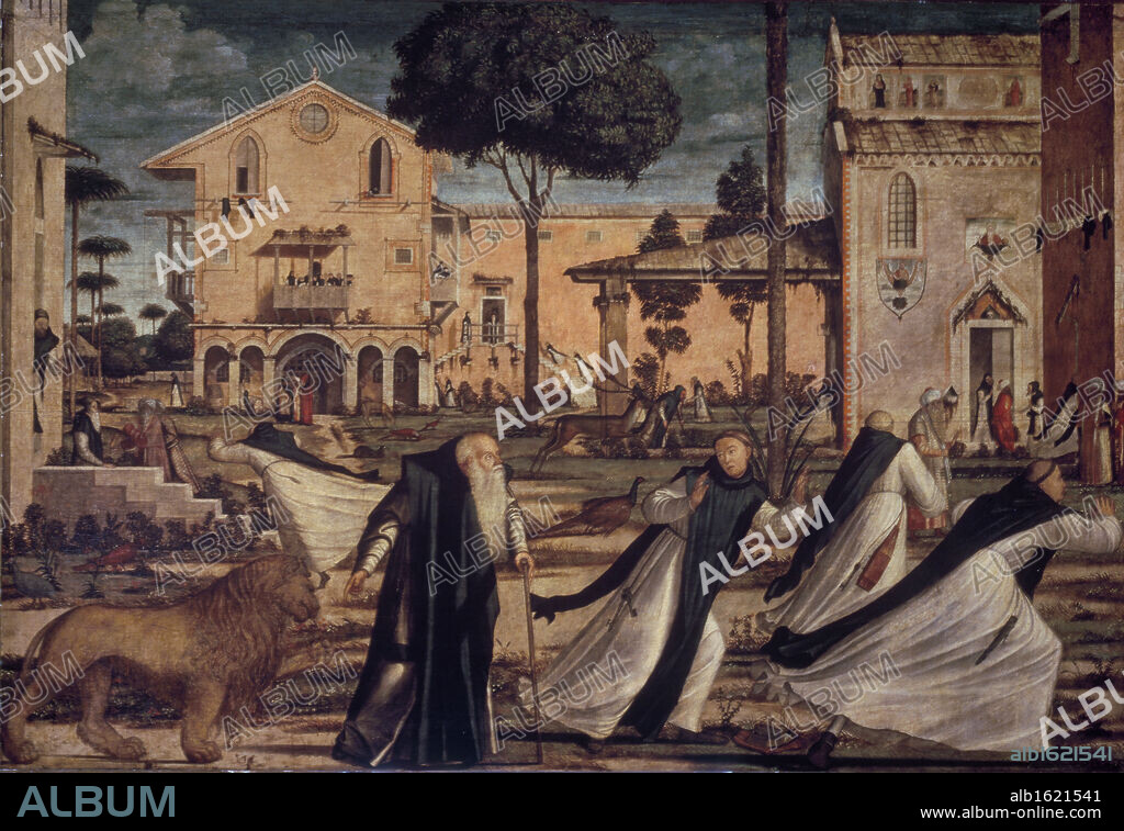St. Jerome Brings the Lion Into the Monastery  Vittore Carpaccio (ca.1455-1526 Italian)  Oil on canvas  Scuola Dalmata dei Santi Giorgio e Trifone, Venice, Italy.