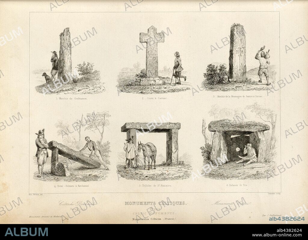 Celtic Monuments, France 1, Dolmen, crosses and menhirs from the Celtic cultural area in France, signed: Ern., Breton (del.), Lemaitre (sculp.), Fig. 1, p. 39, Breton, Ernest (del.), Lemaitre, Augustin François (sculp.), 1853, Jules Gailhabaud: Monuments anciens et modernes. Bd. 1. Paris: Librairie de Firmin Didot frères, 1853.