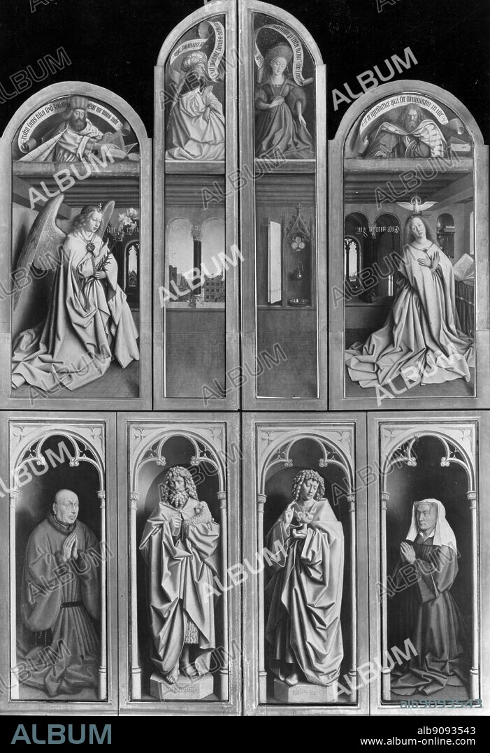 Jan Van Eyck. The Ghent Altarpiece showing the Donor (& wife) St John the Evangelist The Angel of The Annunciation, The Virgin Annunciate and one other saint. 1432.