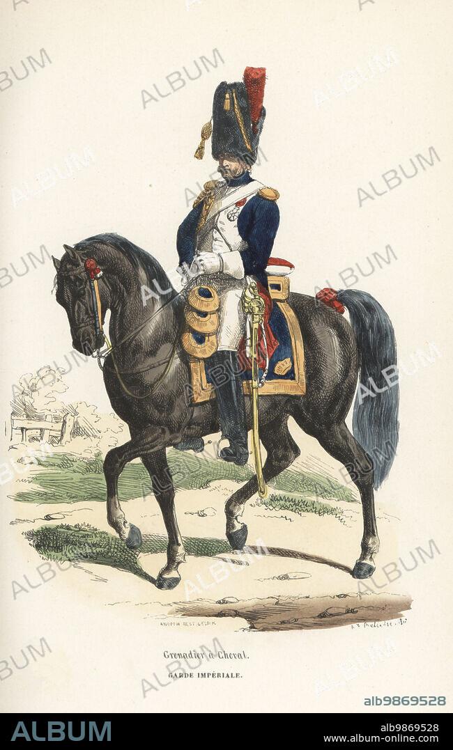 Uniform of a mounted grenadier of the Imperial Guard, 1804-1815. In bearskin with plume, blue coat with gold epaulettes and aiguillettes, breeches and boots, armed with straight sword. Grenadier a Cheval, Garde Imperiale. Handcoloured woodcut by Andrew Best Leloir after an illustration by Hippolyte Bellangé from P.M. Laurent de lArdeches Histoire de Napoleon, Paris, 1840.