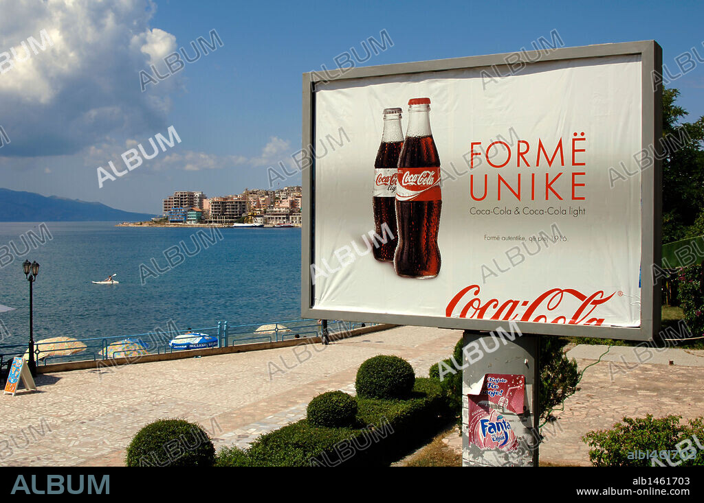 Coca-Cola advertisement on the beach of Saranda. Republic of Albania.