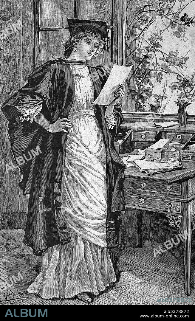 Female doctor at London University in 1880, historical illustration, circa 1886.
