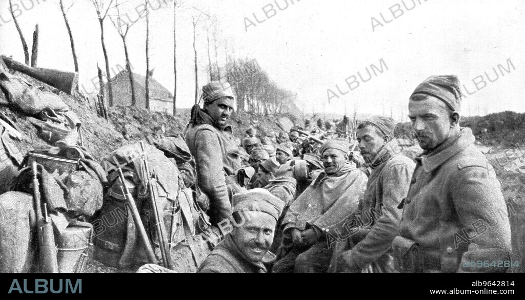 ''La seconde bataille d'Ypres; Nos zouaves, le 24 avril 1915, le long de la route de Lizerne a Boesinghe, a 150 metres des petits postes allemands', 1915. From "L'Album de la Guerre 1914-1919: Volume I" [L'Illustration, Paris, 1926].