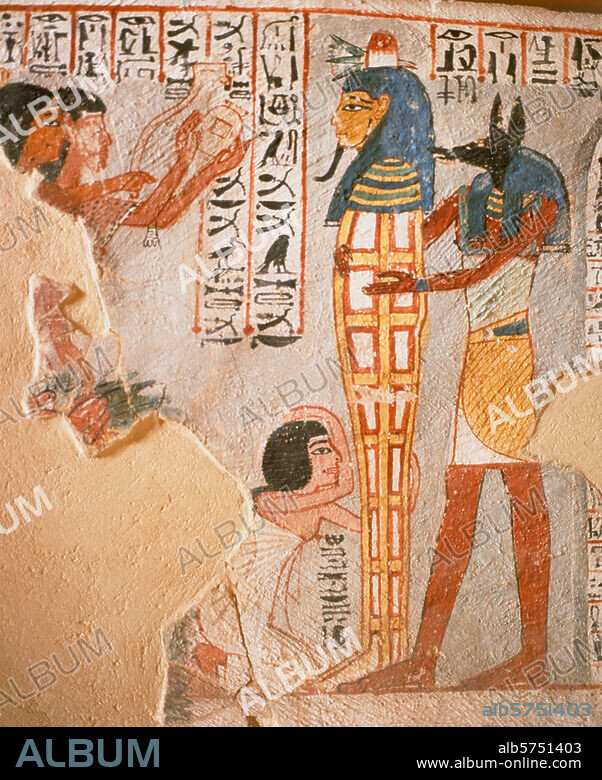 Ägyptisch, Neues Reich, 19. Dynastie. Rituelle Öffnung des Mundes einer Mumie. Wandmalerei im Grab des Verwalters Roy. Theben-West, Dra Abu-'l-Naga.