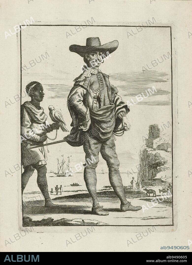 Elegantly dressed gentleman (Spaniard ?) and Moorish servant, standing in front of a harbor, Elegantly dressed (Spanish?) gentleman, standing in southern landscape in front of a harbor. Behind him a Moorish boy with a parrot on his arm., print maker: Jan van Troyen, after design by: Gerbrand van den Eeckhout, c. 1660, paper, engraving, height 170 mm × width 128 mm.