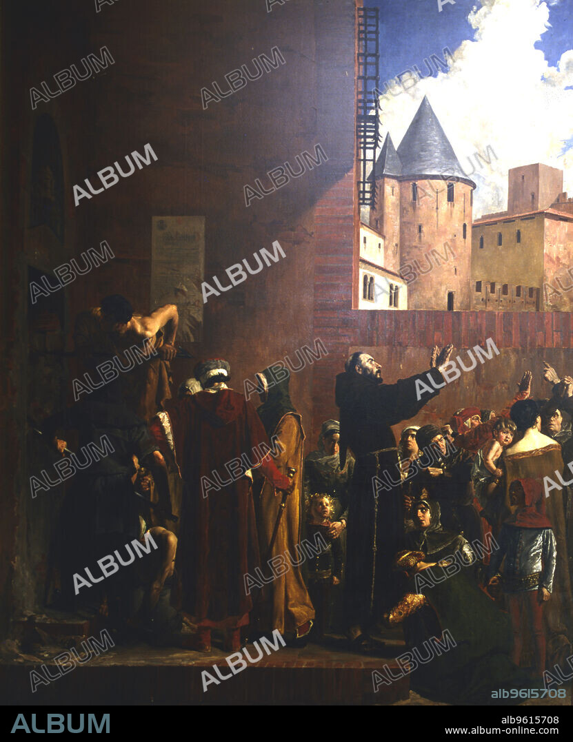 JEAN-PAUL LAURENS. 'The Siege of Carcassonne', 1209 (c1858-1921). An episode in the Albigensian Crusade (1208-1213) led by Simon de Montfort and northern French barons against a heretical Christian sect, the Cathars, also known as the Albigensians, due to their concentration around the southern French town of Albi. Carcassonne fell to the besieging crusaders after the town's water supply was cut off. Although forced to leave, the inhabitants were spared the massacres which occurred when some of the other Cathar strongholds were taken.