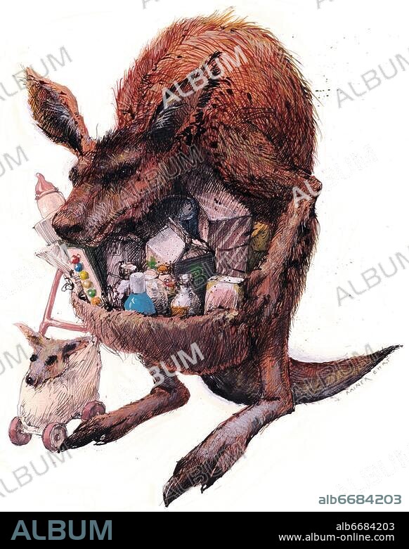 Wirtschaft / Konsumismus. "Konsum-Känguru". Karikatur, undatiert, von Rainer Ehrt (geb. 1960). Tuschfeder und Acryl auf Papier. Aus einer Serie "Zeitgeist". Besitz des Künstlers.
