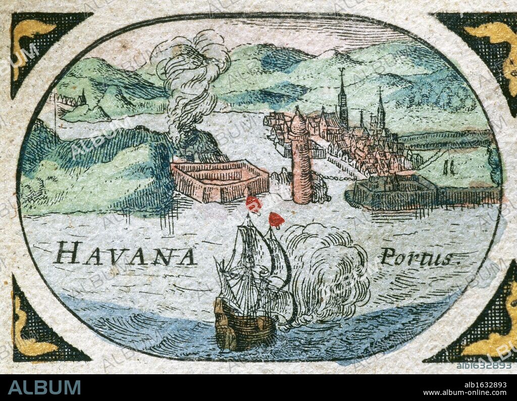 LA HABANA (Cuba). Puerto de la ciudad colonial según un grabado holandés del año 1646. La Habana fue el gran punto de enlace con el continente americano gracias a las excelentes condiciones portuarias de su bahía.