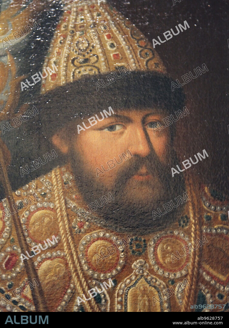 'Portrait of Tsar Aleksey Mikhailovich, first half of 19th century. Detail. Alexis I (1629-1676) was the second tsar of the Romanov dynasty. He succeeded his father, Michael I, in September 1645. Copy of an earlier portrait. Found in the collection of The Hermitage, St Petersburg.