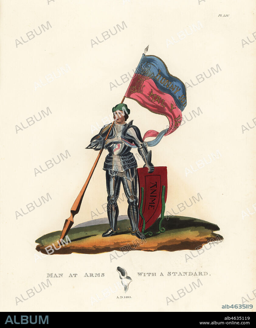 Man at arms with a standard, 1483. The armour on the left arm has a pauldron with raised pass-guard, while the right arm has a plain pauldron and a large pointed elbow guard. The tuiles are shaped differently, plate gauntlets and pointed sollerets. The inside of the shield shows the straps and the word Anime. The standard is embroidered with St. George and the Dragon with the motto of the Knights of the Garter. Handcoloured lithograph by Maddocks after an illustration by S.R. Meyrick from Sir Samuel Rush Meyrick's A Critical Inquiry into Antient Armour, John Dowding, London, 1842.