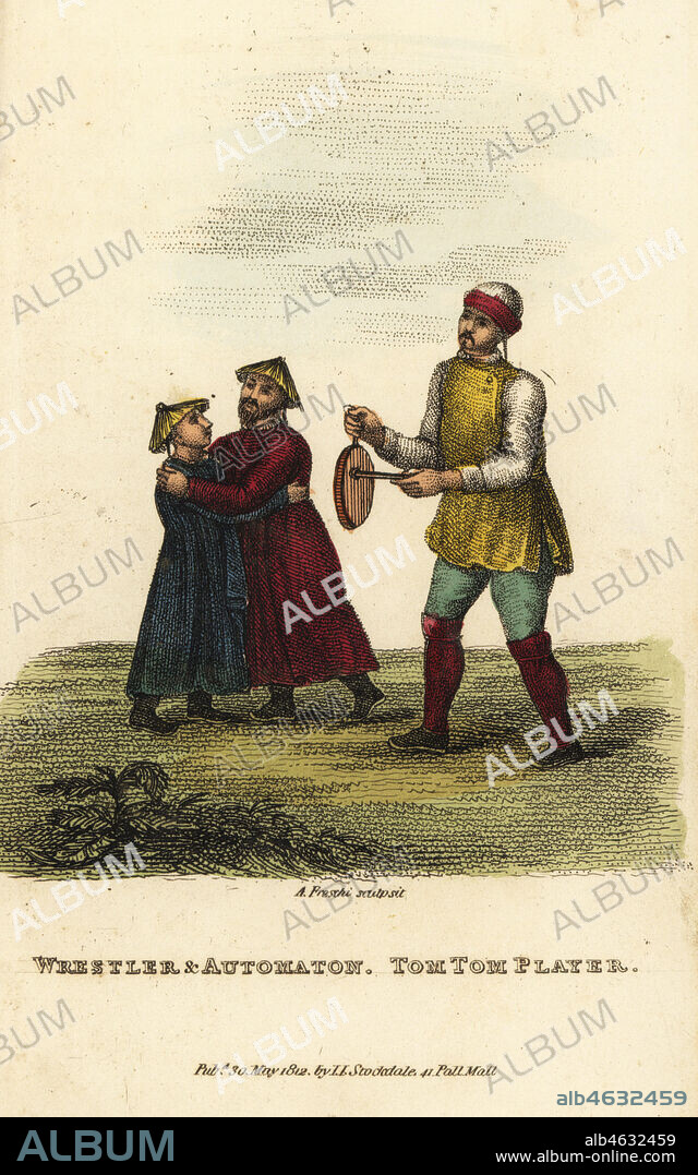 Chinese wrestler and automaton and a tom-tom player, Qing Dynasty. Street performer wrestling with a human-size pasteboard puppet. Handcoloured copperplate engraving by Andrea Freschi after Antoine Cardon from Henri-Leonard-Jean-Baptiste Bertin and Jean Baptiste Joseph Breton's China, Its Costumes, Arts, Manufactures, etc., Howlett and Brimmer, London, 1824.