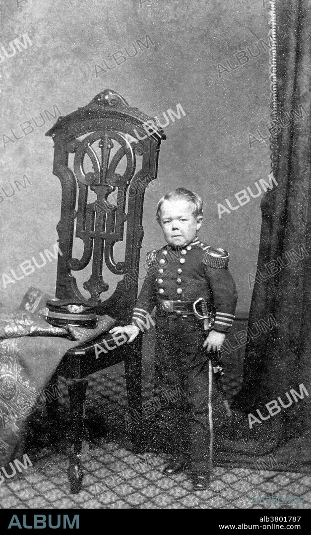 Commodore Nutt (George Washington Morrison Nutt April 1, 1848 - May 25, 1881) was an American dwarf entertainer. In 1861, he was touring New England with a circus when P. T. Barnum hired him to appear at the American Museum in New York City. Barnum gave Nutt the stage name Commodore Nutt, a wardrobe that included naval uniforms, and a miniature carriage in the shape of an English walnut. Nutt became one of the Museum's major attractions. He toured the world between 1869-72 with the Thumbs and Lavinia's sister, Minnie Warren. They returned to America rich beyond their dreams after appearing before royalty around the world. He left Barnum's employ after a disagreement with the showman. He toured with a comic opera company, put together a variety show on the West Coast, and operated saloons in Oregon and California. He returned to New York City, and died there of Bright's disease in 1881 at the age of 33. No photographer credited, 1863.