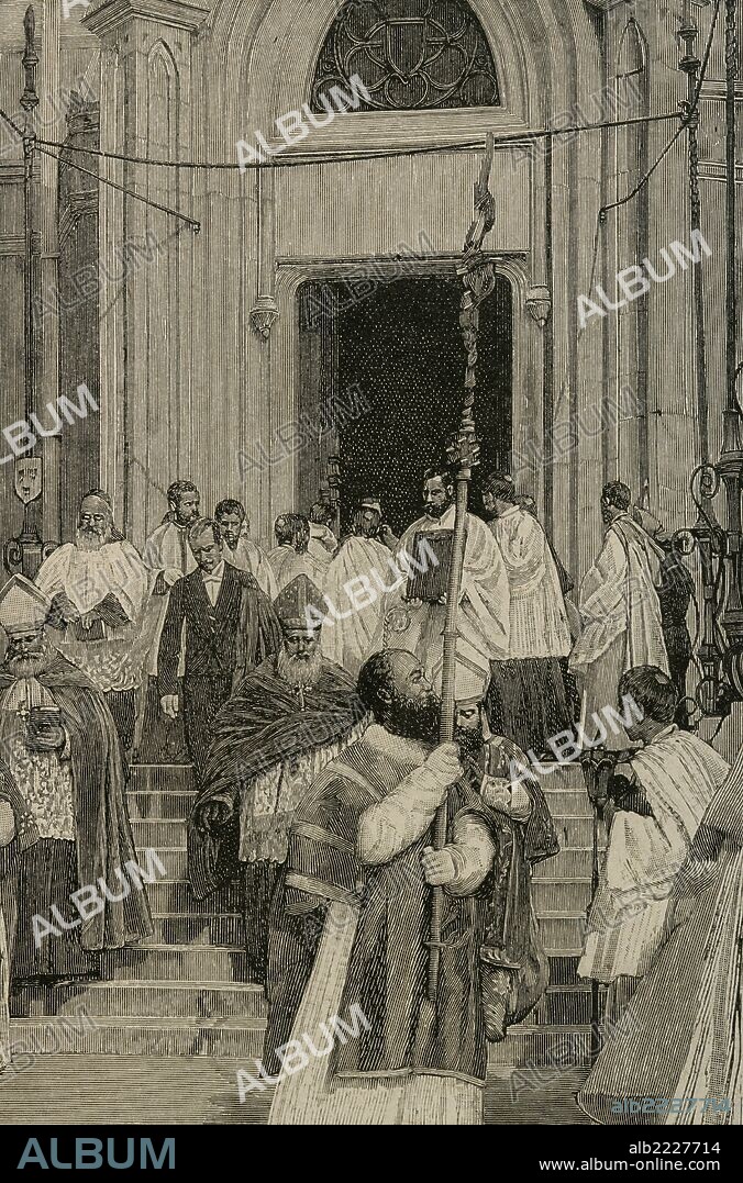 Charles-Martial Allemand-Lavigerie (31 de octubre de 1825, Bayona, Francia-26 de noviembre de 1892, Argel, Argelia) fue un misionero y cardenal católico francés. "Transporte de las reliquias de San Luis. El Cardenal Lavigirie saliendo de la capilla de San Luis". Grabado por Man. "La Ilustración Ibérica", 1885.